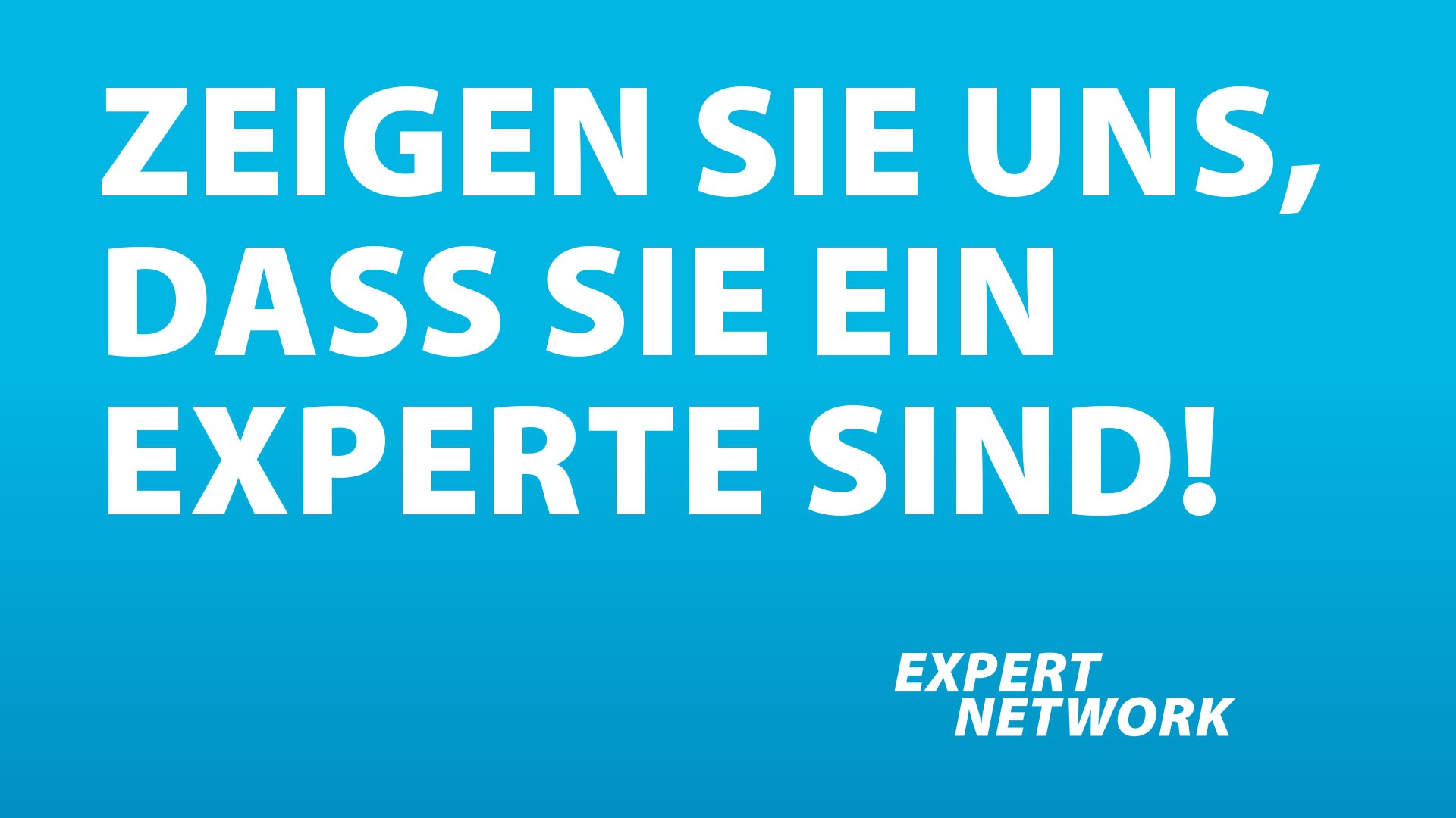 Hellblaues Banner mit großem weißen Schriftzug ‚Zeigen Sie uns, dass Sie ein Experte sind!‘ und kleinerem ‚EXPERT NETWORK‘-Text in der rechten unteren Ecke; motivierendes Design zur Präsentation von Fachwissen und beruflicher Kompetenz.