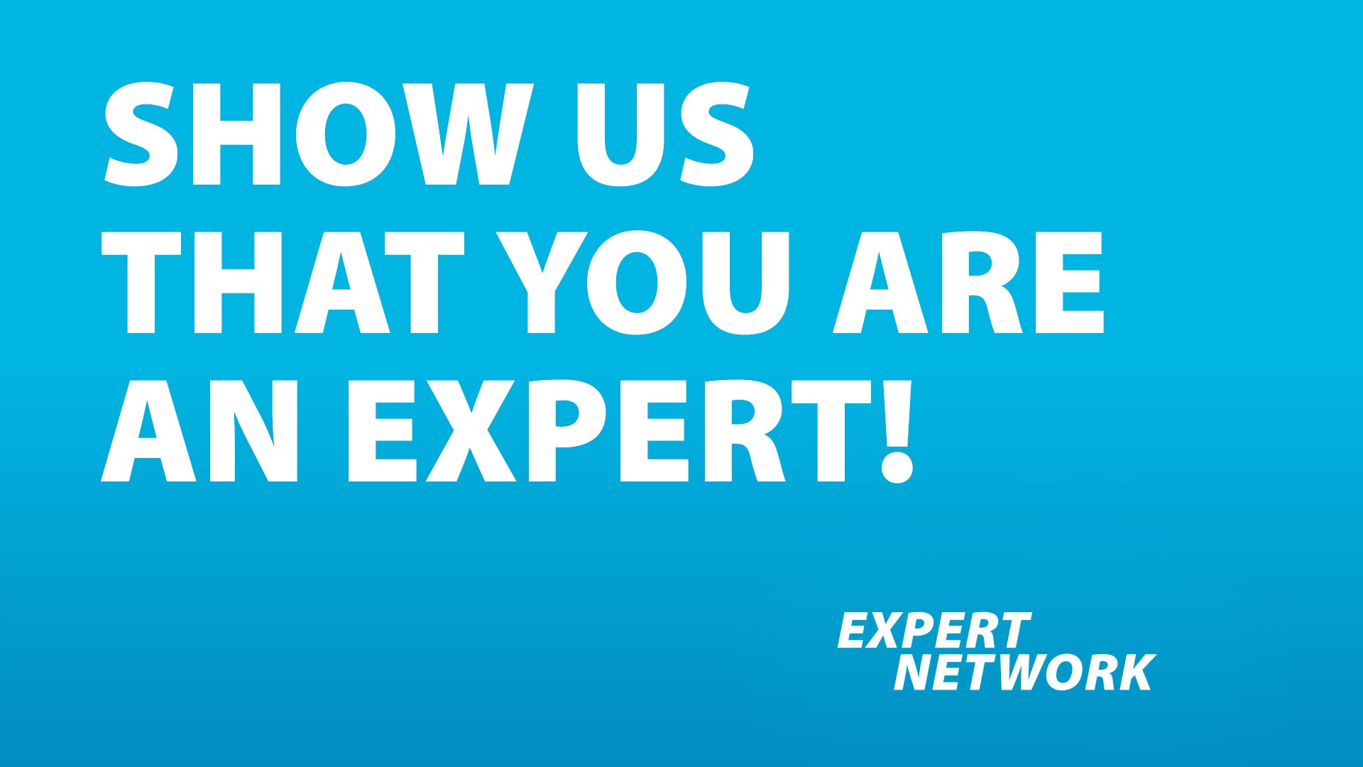 Light blue banner with large white text saying "Show us you're an expert!" and smaller "EXPERT NETWORK" text in the bottom right corner; a motivational design showcasing expertise and professional competence.