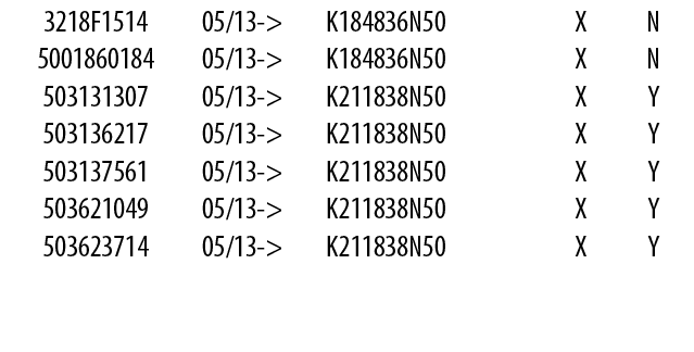 3218F1514,05/13->,K184836N50,,X,N,5001860184,05/13->,K184836N50,,X,N,503131307,05/13->,K211838N50,,X,Y,503136217,05/1...