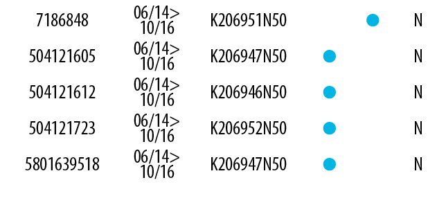 7186848,06/14> 10/16,K206951N50,, ,N,504121605,06/14> 10/16,K206947N50, ,,N,504121612,06/14> 10/16,K206946N50, ,,N,50...