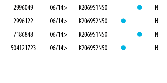 2996049,06/14>,K206951N50,, ,N,2996122,06/14>,K206952N50, ,,N,7186848,06/14>,K206951N50,, ,N,504121723,06/14>,K206952...