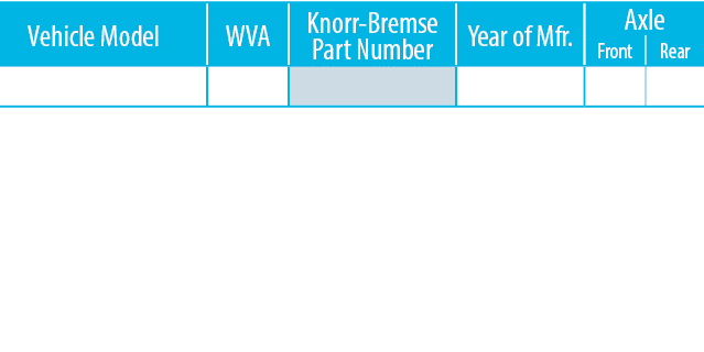 Vehicle Model,WVA,Knorr-Bremse Part Number,Year of Mfr ,Axle,Front,Rear,,,,,,