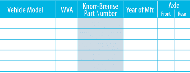 Vehicle Model,WVA,Knorr-Bremse Part Number,Year of Mfr ,Axle,Front,Rear,,,,,,,,,,,,,,,,,,,,,,,,,,,,,,