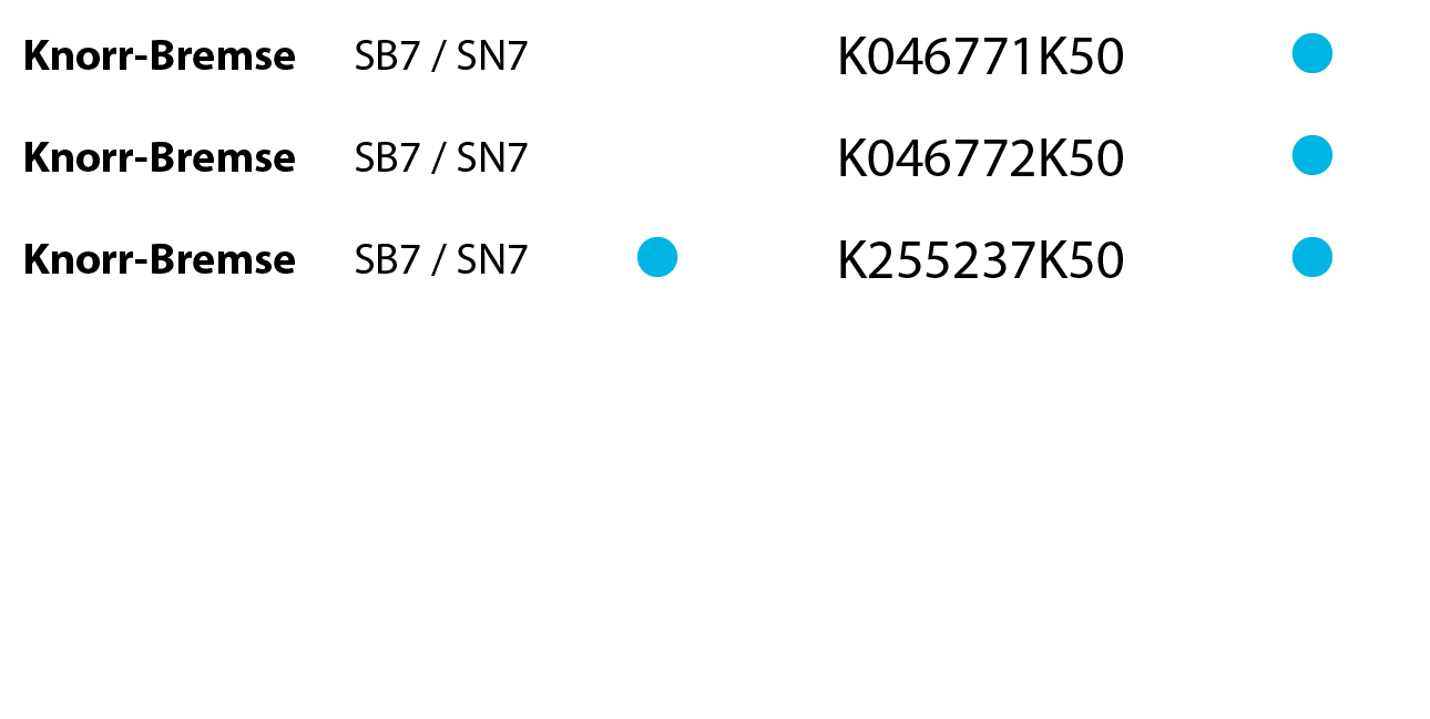 Knorr-Bremse,SB7 / SN7,,,K046771K50, ,Knorr-Bremse,SB7 / SN7,,,K046772K50, ,Knorr-Bremse,SB7 / SN7, ,,K255237K50, 