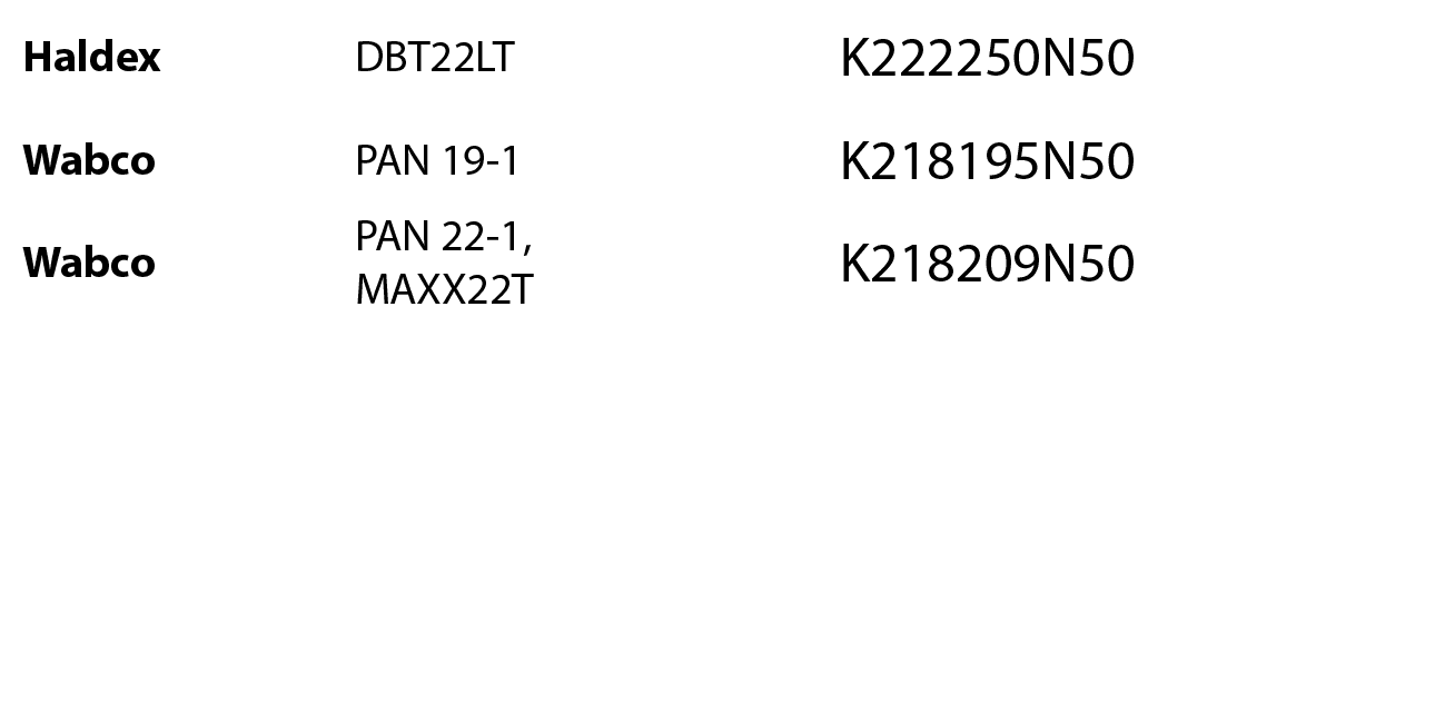 Haldex,DBT22LT,,,K222250N50,,Wabco,PAN 19-1,,,K218195N50,,Wabco,PAN 22-1, MAXX22T,,,K218209N50,,,,,,,