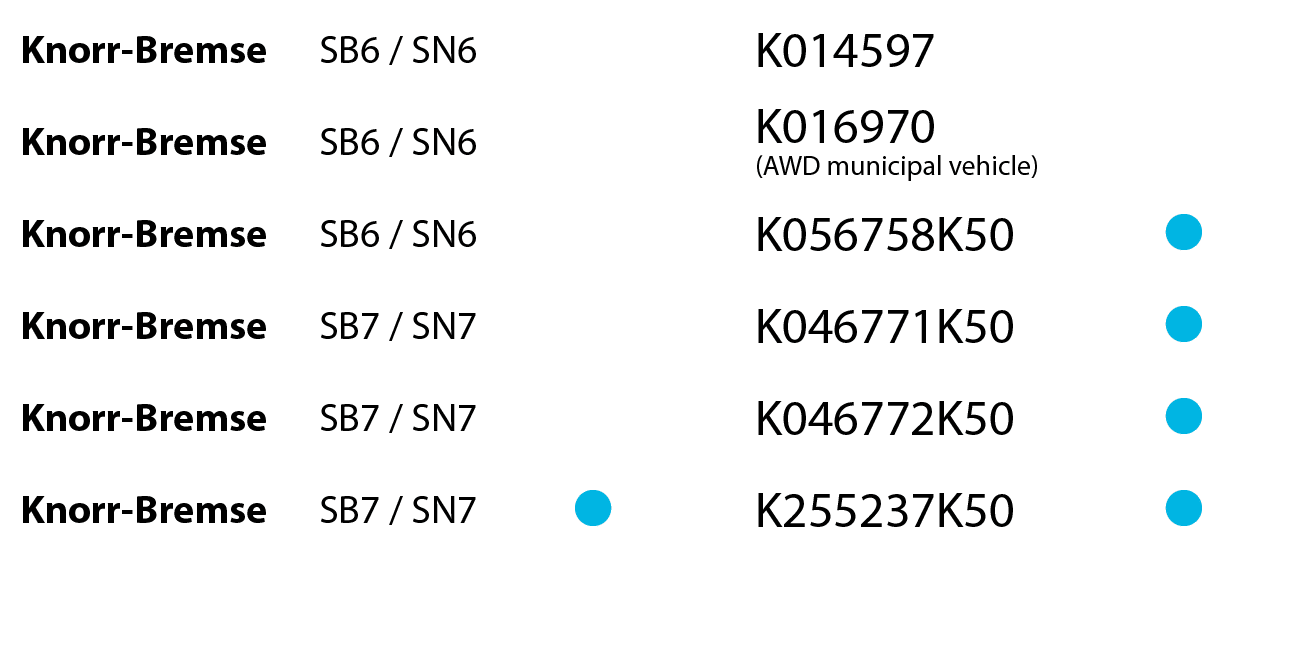 Knorr-Bremse,SB6 / SN6,,,K014597,,Knorr-Bremse,SB6 / SN6,,,K016970 (AWD municipal vehicle),,Knorr-Bremse,SB6 / SN6,,,...