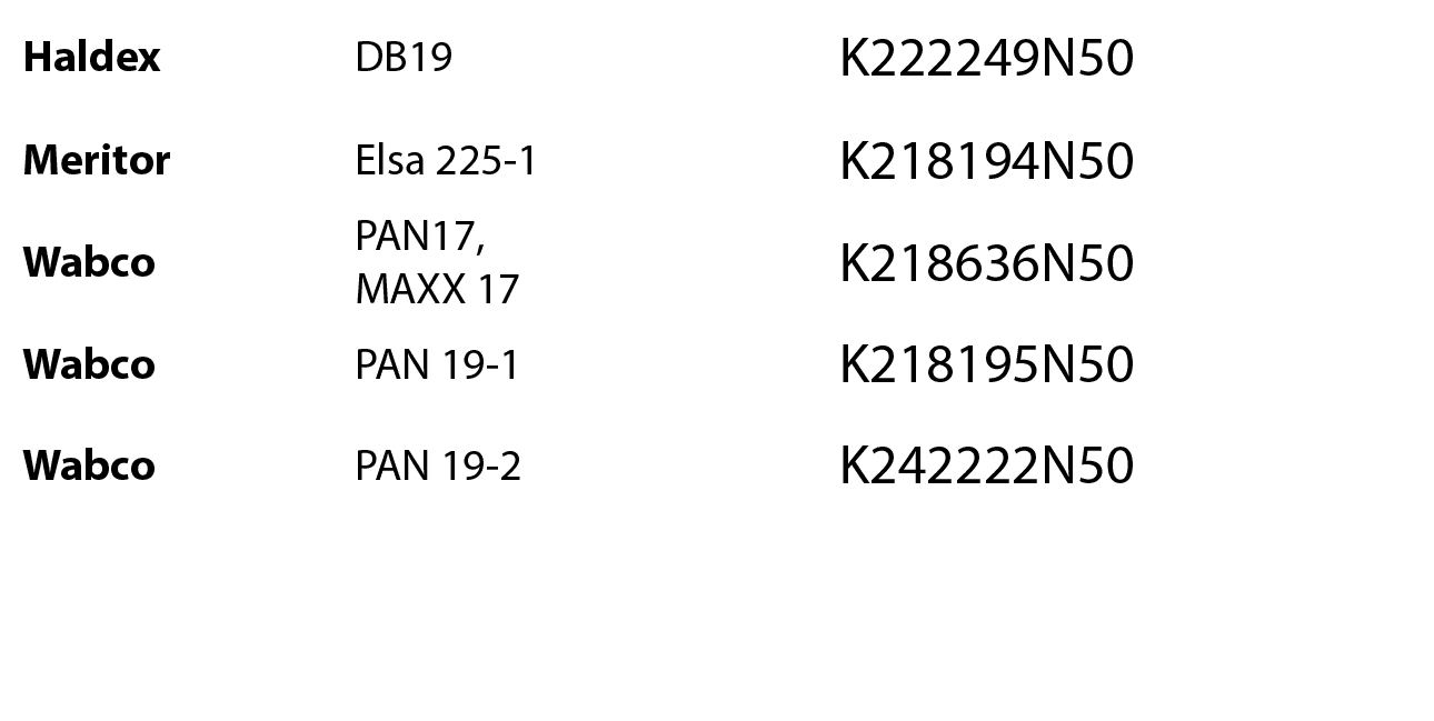 Haldex,DB19,,,K222249N50,,Meritor,Elsa 225-1,,,K218194N50,,Wabco,PAN17, MAXX 17,,,K218636N50,,Wabco,PAN 19-1,,,K21819...